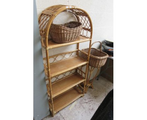 Bamboo shelf unit and plant stand together with 2 wicker baskets 