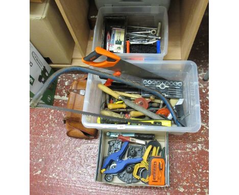 Collection of various tools to include spanners vices and saws 