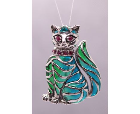 Silver &amp; enamel ruby eyed cat brooch/pendent 