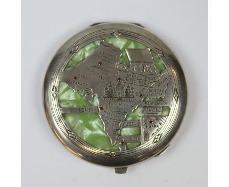 Hallmarked silver compact with map of India to top 