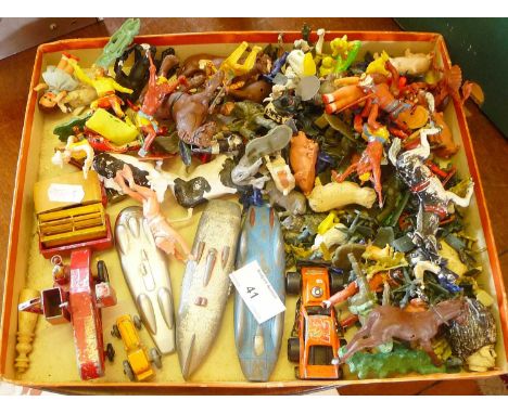 Dinky Toys Thunderbolt Car, Corgi Bluebird, lledo Railton Mobil car and quantity of plastic figures and animals 