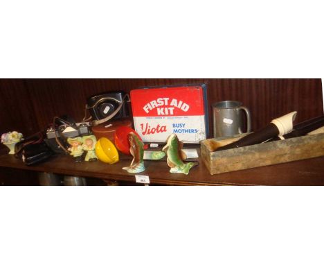 Two enamel ladles, a Viota "for busy mothers" first aid kit (complete), three cameras, a descant recorder and two pairs of no