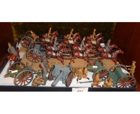 Painted lead soldiers - WW1,1914, British and German Artillery Figures with two British 13 pdr field guns and one German 75mm