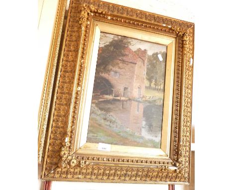 Victorian oil on board painting of a mill house attributed to Fred Morris, giltwood frame 24" x 19"