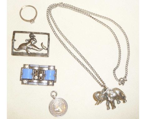 Assorted silver scrap including heavy elephant charm marked 925, a medallion, a silver ring with solitaire zircon and two buc