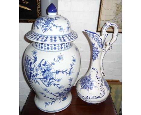 Large modern Chinese blue and white floor vase with cover and a large Continental blue and white pottery pitcher