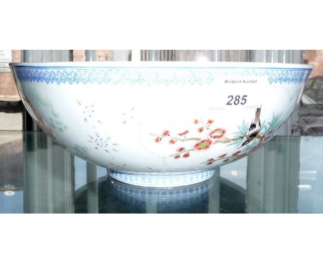Chinese eggshell porcelain bowl decorated with birds and fishes, 24cm diameter