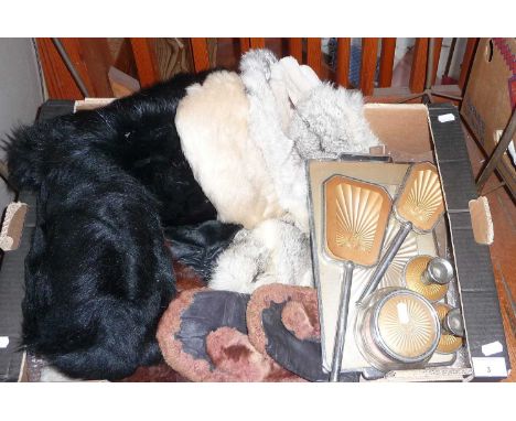 Vintage clothing - fur hats, gloves and a muff together with an Art Deco dressing table set