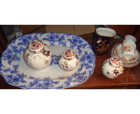 Three Mason's ginger jars and a large flo blue and white Victorian meat plate or platter, approx 21" wide