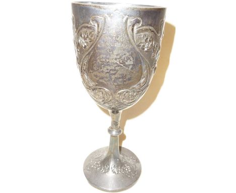 Silver trophy goblet awarded in 1912 to F.Marsh, Winner of the Annual Challenge Cup for a well kept garden in Evercreech.8" t