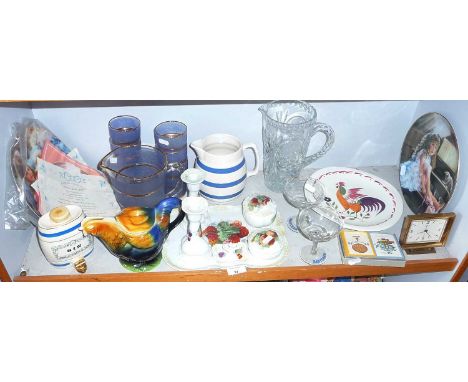 Assorted china and glassware including Tony Wood chicken tea pot, Victorian china dressing table set and others 