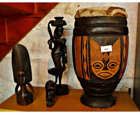 Tribal Art - African drum and three carved wood figures