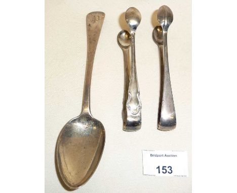 Victorian silver dessert spoon and two pairs of silver sugar tongs, approx total weight 8.3g 