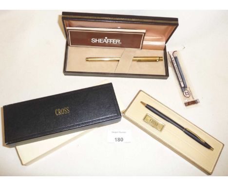 Scheaffer fountain pen with 14ct nib in original case and a Cross ballpoint pen, boxed (classic black No 2502)