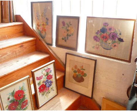 Four embroidered floral still life pictures and 2 others 