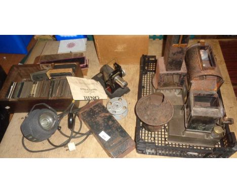 Good collection of magic Lantern slides, three various lanterns and a Bing film projector