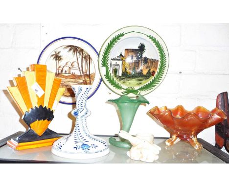 Art Deco Myotte &amp; Sons china vase, a blue and white Meissen candlestick, Carnival glass bowl, Sylvac egg cup and two Cont