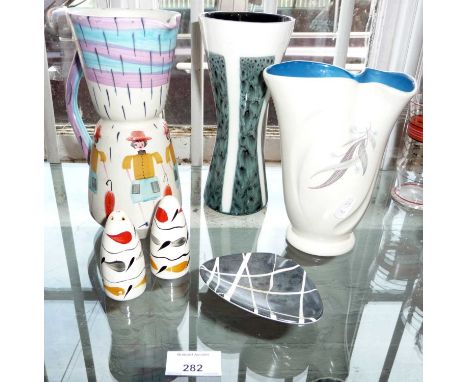 Mid Century pottery jug, two vases, salt and pepper pots and Permaware ashtray
