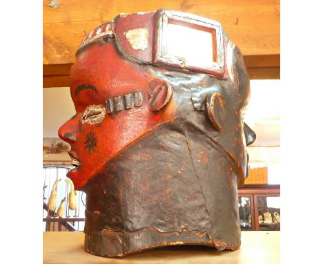 Tribal Art - Nigerian Janus headed helmet mask with leather covering