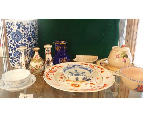 Pair Meissen candlesticks, Crown Derby plate, Crown Devon dish and other china