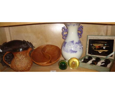 Victorian vase, turned wood salad bowl, lacquer wine cups and tray, with two paperweights