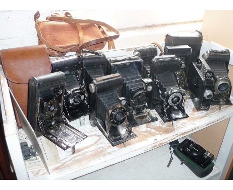 Nine various bellows cameras and a Cine-Kodak Eight Model 25 