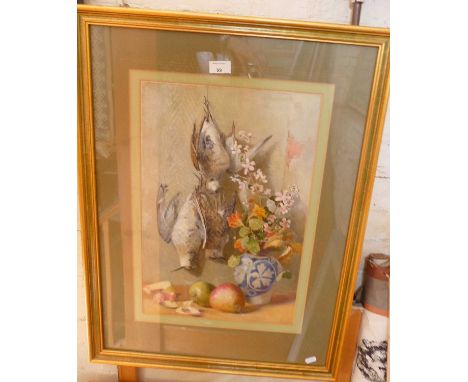 Large watercolour of still life with fruit, game and flowers with monogram MBL possibly for Lydia Maria Brewster Hubbard (184