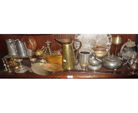 Collection of brassware including two 19thc chestnut roasters, trivet, plant trough etc
