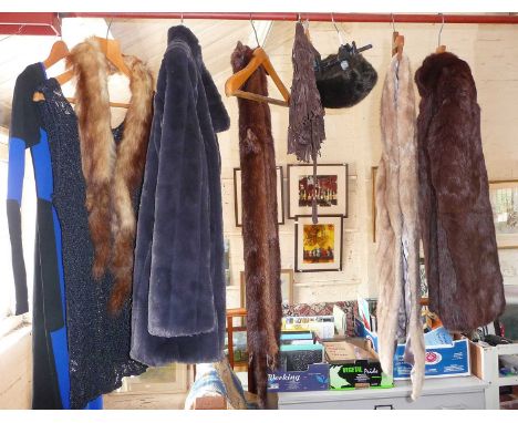 Vintage clothing - fur jackets, stoles, hat, black lacy dress, an Energie Line dress and Denim Co tassled shorts