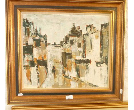Abstract constructivist oil on board of buildings, 22" x 25"
