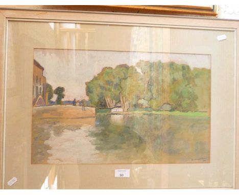 Impressionistic watercolour of a lake with men fishing and trees, signed lower right G.Marler, 19" x 26" possibly by Alfred E