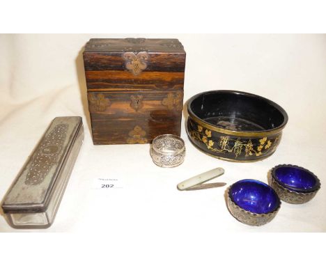 19th c Rosewood scent bottle casket, lacquered wine coast, mother of pearl fruit knife with silver blade and four other items