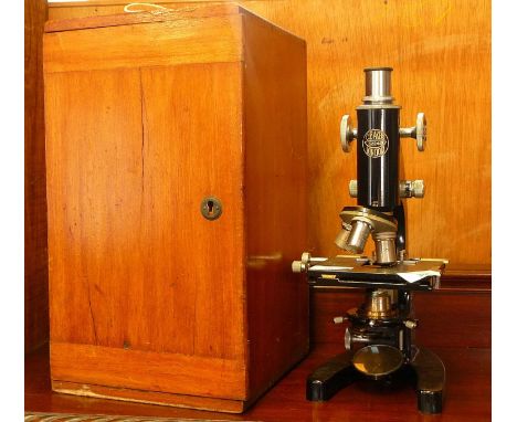 Vintage monocular microscope with wooden case by C.Baker, London, Model.No 32248