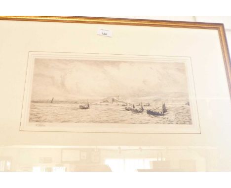 William WYLIE (1851-1931) etching of a fishing fleet signed in pencil, 14.5" x 6.1" image, 17" x 24" frame