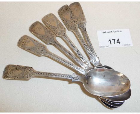 Set of six Victorian chased silver tea spoons 1894, London maker Josiah Williams