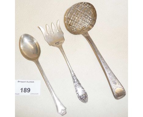 Georgian Silver sugar sifter spoon/ladle, 1823 London, together with a silver sardine fork and a teaspoon67g 