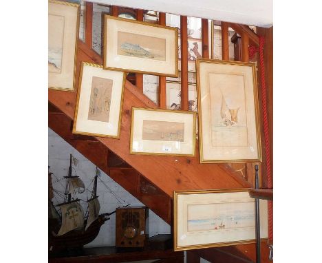 Two Victorian watercolours of Mediterranean fishing scenes by Godfrey and Four small watercolours of Continental towns and co