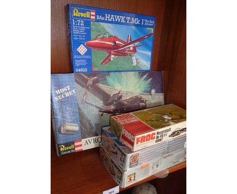 Two Airfix model kits, a Revell model kit of Dambusters Lancaster and a Red Arrows Hawk with a Frog kit of an ME 410