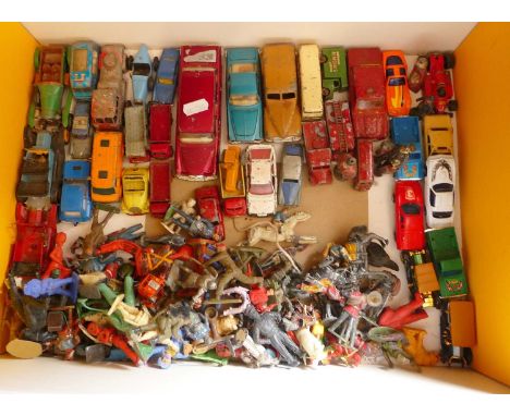 Assorted "played with" diecast cars including Dinky and Matchbox, etc with lead and plastic figures 