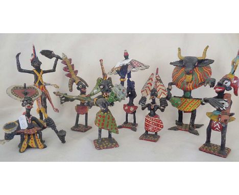 African Folk Art; painted metal figures of a dancing band of eight musicians