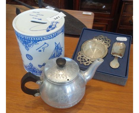 A 1951 "Festival Of Britain" aluminium two cups and teapot by Swan Brand, a Spode 'Edwardian Childhood' money box and a silve