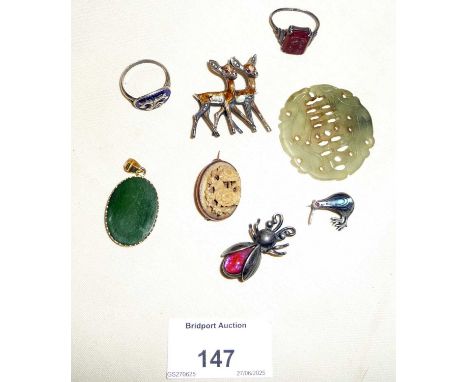 Chinese spinach jade disc, a jade pendant, silver bug brooch, silver and enamel Kiwi brooch, two other brooches and two rings