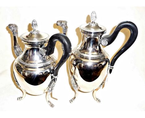 Christofle 'Malmaison' Empire silver-plate, tea and coffee pot with camel head spouts and original boxes