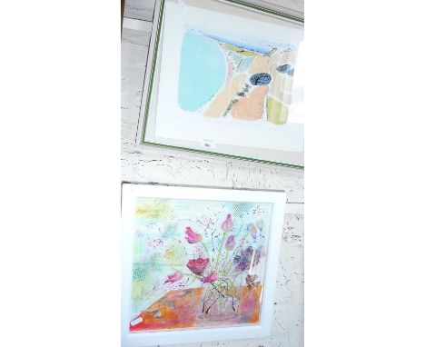 Contemporary abstract watercolour of a still life with flowers by Mon Hawley and a colour lithograph titled "Ballard Down and