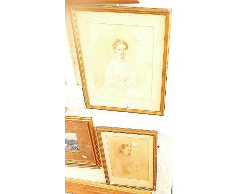 Pair of 19th c. Conte Crayon and watercolour portraits by E. Preston TILT (1849-1878) of Mary Everest and Harriet Everest, si