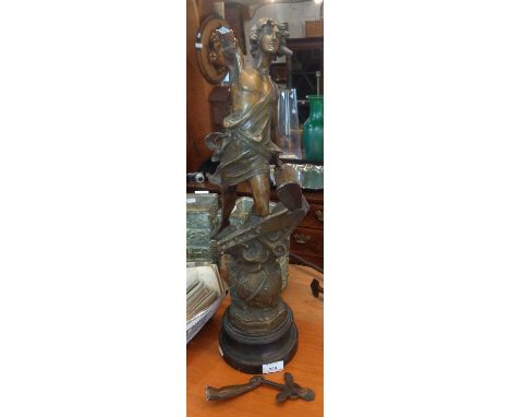 Early 20th c. spelter figure of a classical figure with aeroplane on world globe (A/F)