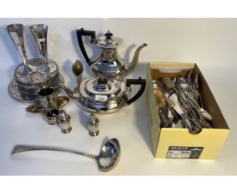 A collection of silver plated &amp; flat wares; 2 Sheffield plated tea pots &amp; ladle 