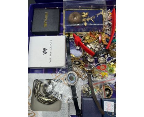 Two boxed containing a large quantity of mixed costume jewellery; masonic pocket watch and cuff links, various bracelets and 