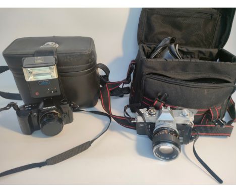 A cannon camera with lense &amp; bag along with Olympus camera with bag 