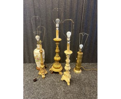 A selection of vintage table lamps; wooden carved table lamps &amp; large porcelain table lamp 